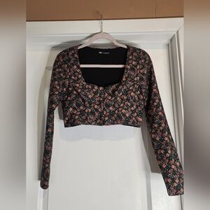 Zara Floral Long Sleeve Crop Top - Black and Pink